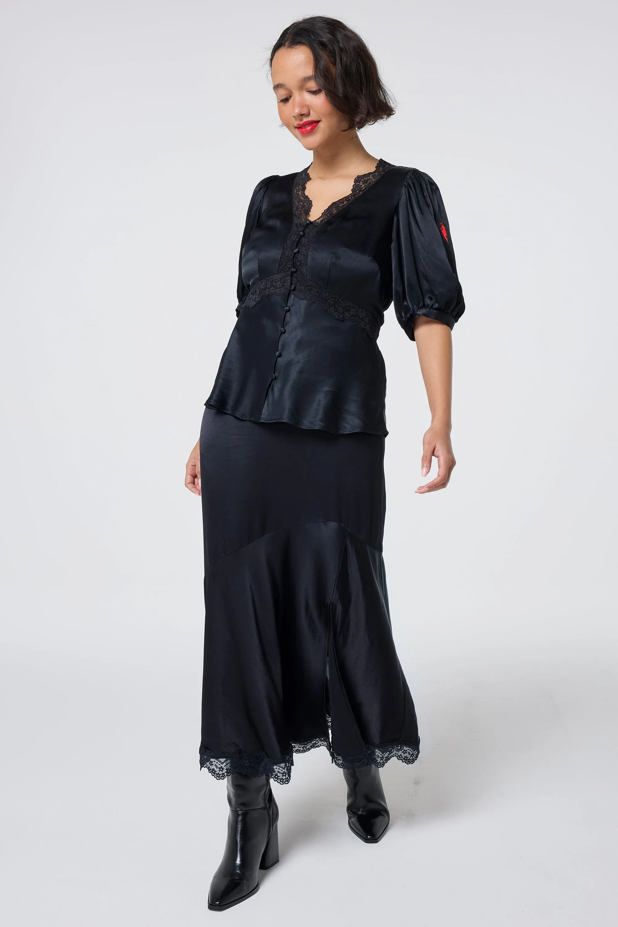 Black Lace Trim Satin Slip Skirt Fashion Forward
