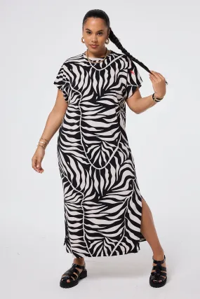 Comfortable Waist Design Fit Sleek Cut Black with Cream Palm Midi T-Shirt Dress