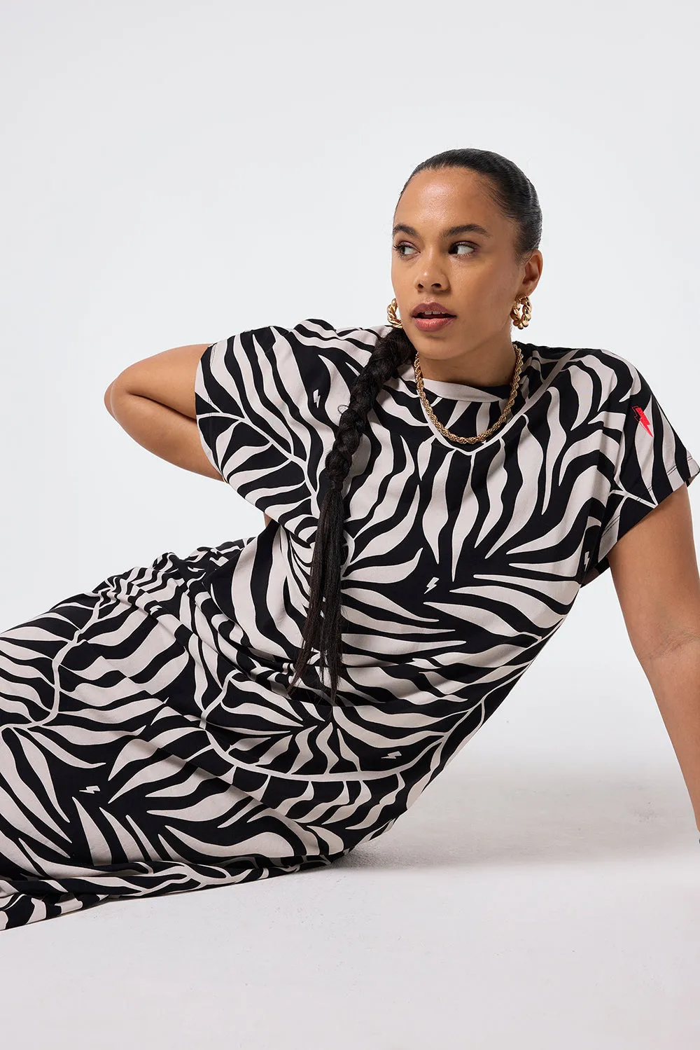 Black with Cream Palm Midi T-Shirt Dress Soft Curve