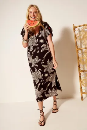 Seasonal Mood Black with Off White Palm Spring V-Neck Midi T-Shirt Dress