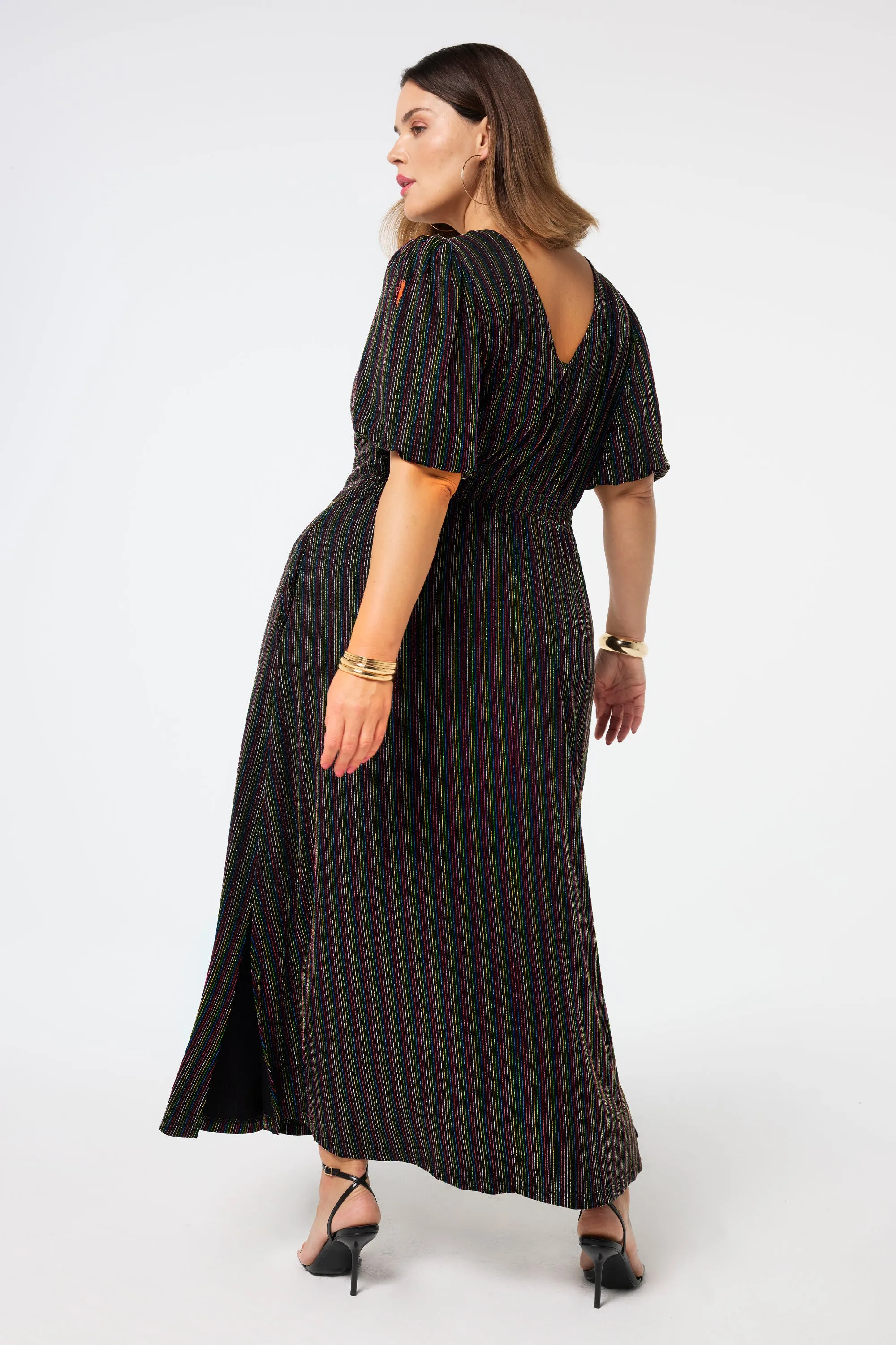 Floral-Pattern Black with Rainbow Lurex Stripe Puff Sleeve Midi Dress