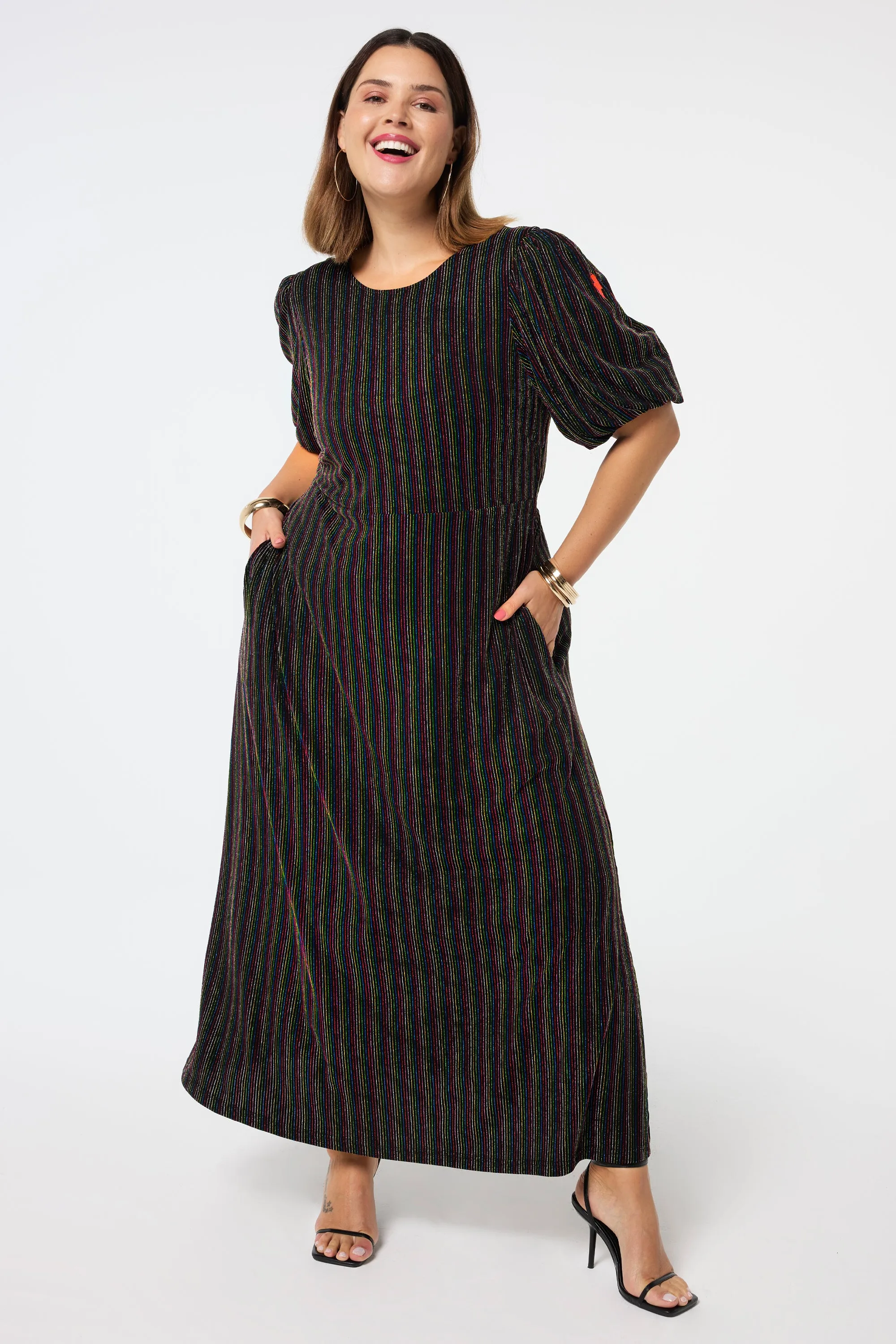 Earth-Tone Black with Rainbow Lurex Stripe Puff Sleeve Midi Dress