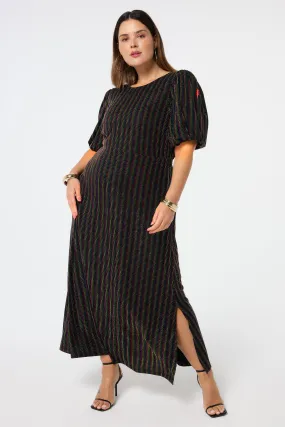 Soft Contour Black with Rainbow Lurex Stripe Puff Sleeve Midi Dress