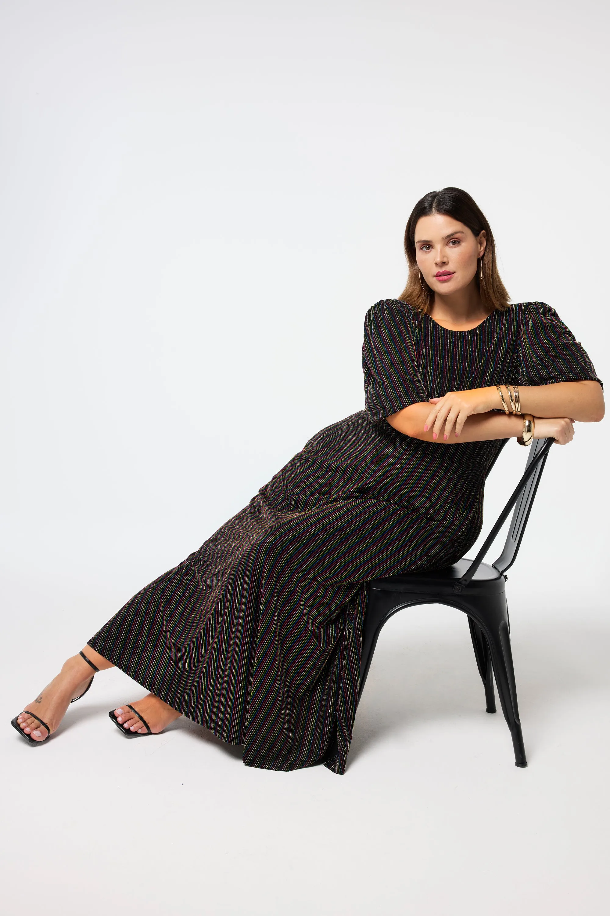 Black with Rainbow Lurex Stripe Puff Sleeve Midi Dress Smooth Surface Stylish Pick
