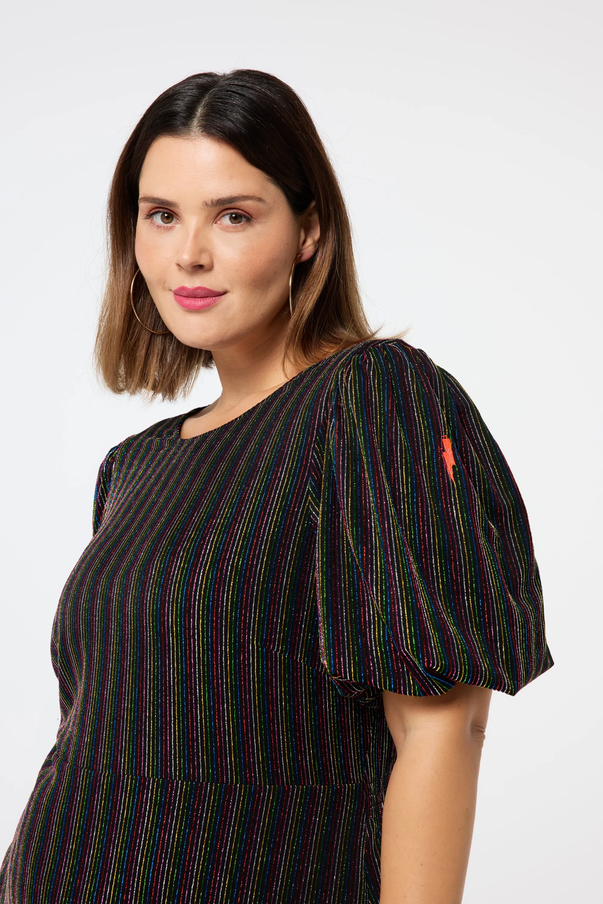 Black with Rainbow Lurex Stripe Puff Sleeve Midi Dress Quick Fit