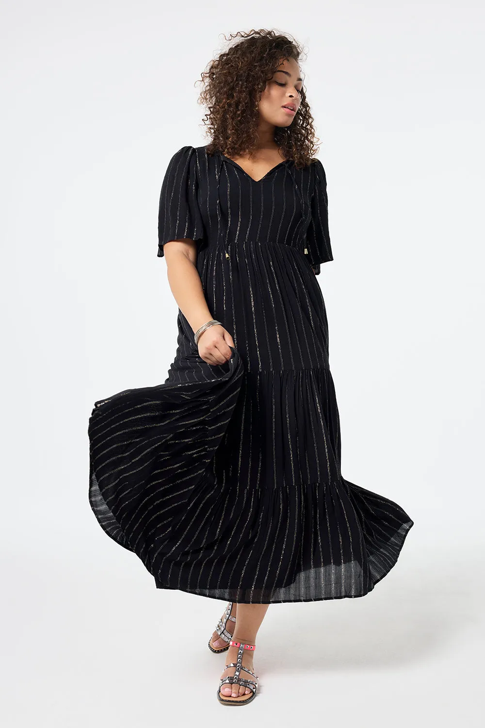 Black with Silver Lurex Angel Sleeve Tie Front Maxi Dress Brunch Fit