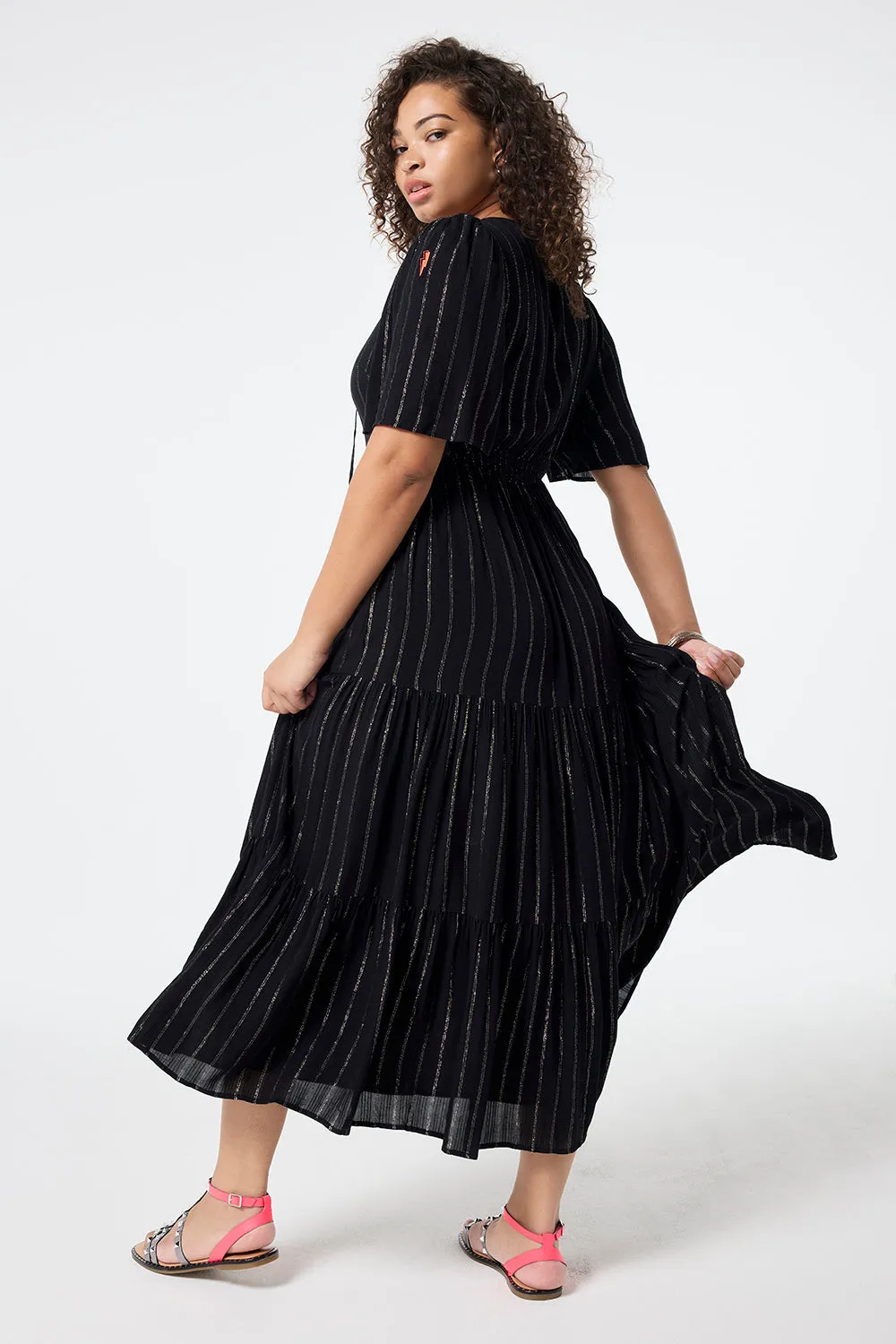 Black with Silver Lurex Angel Sleeve Tie Front Maxi Dress Elegant Layering Layered Fit