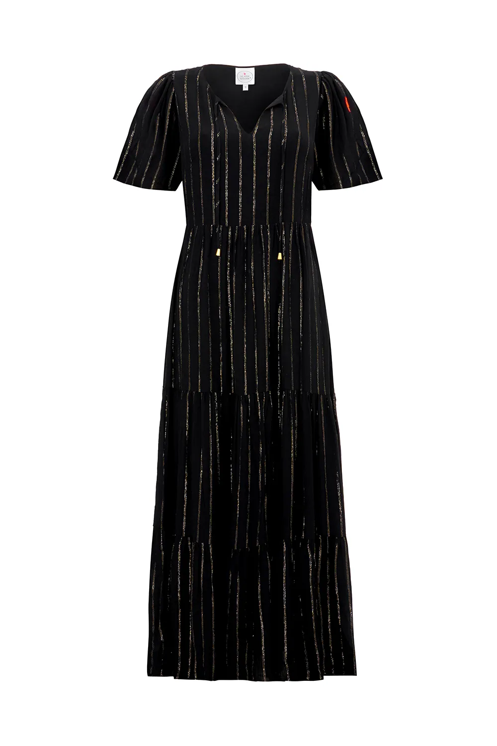 Retro Vibes Smart and Sleek Black with Silver Lurex Angel Sleeve Tie Front Maxi Dress
