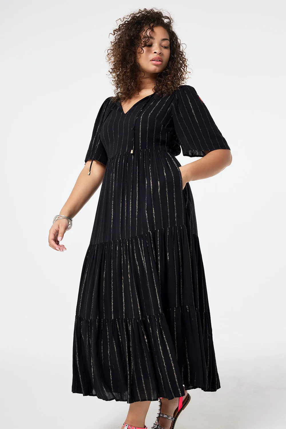 Black with Silver Lurex Angel Sleeve Tie Front Maxi Dress Lounge Cut Light material