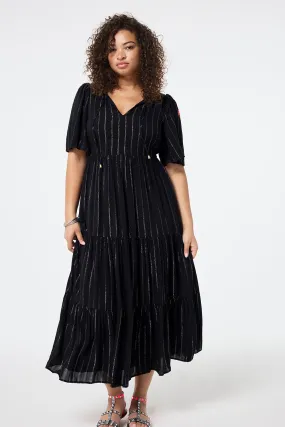 Black with Silver Lurex Angel Sleeve Tie Front Maxi Dress Fresh Fit