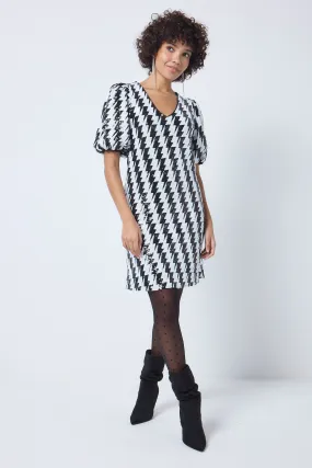 London Edge Black with White Lightning Bolt Sequin V-Neck Short Dress
