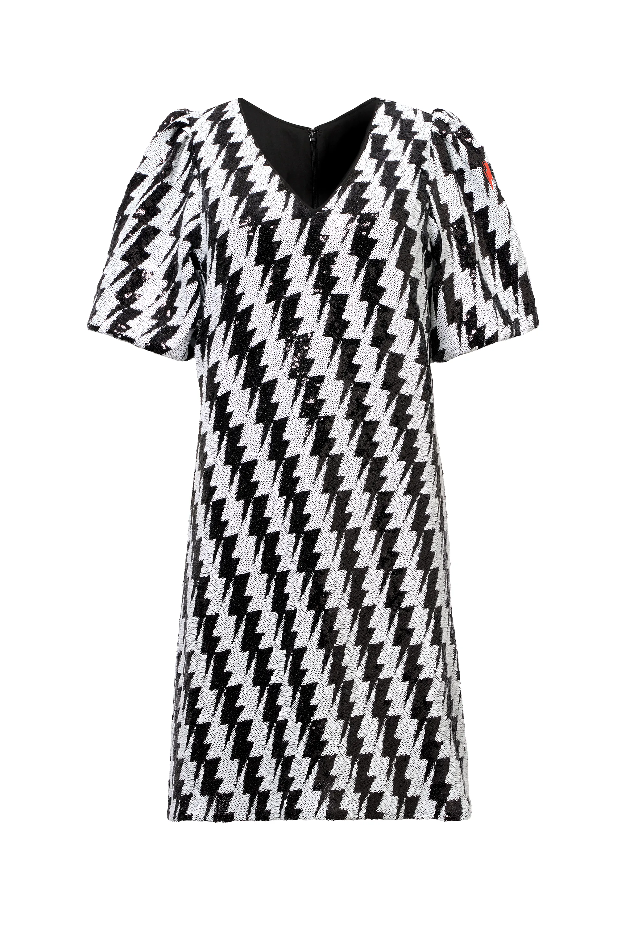 Black with White Lightning Bolt Sequin V-Neck Short Dress Urban Cool Smooth Flow