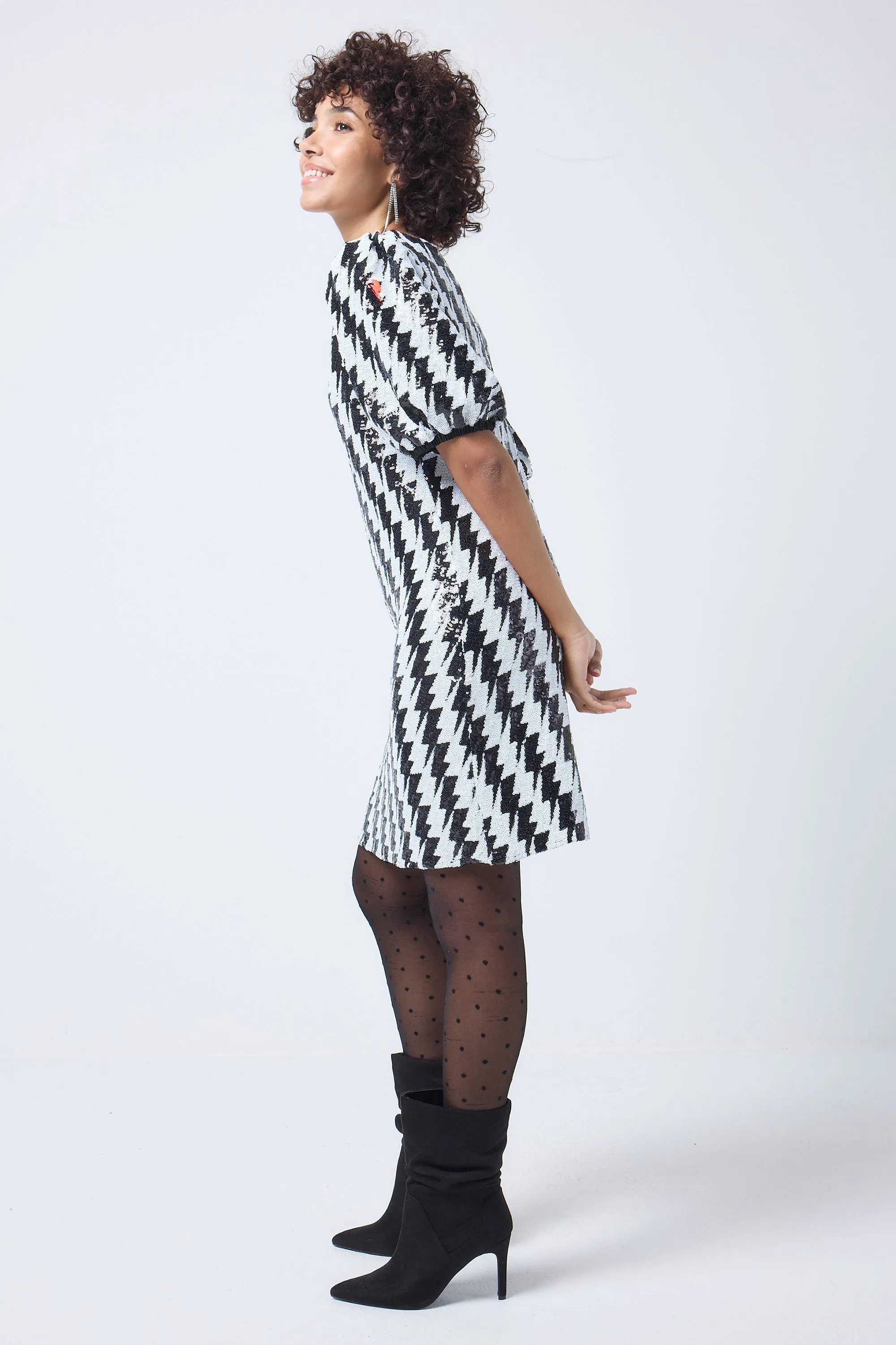 Classic Layers Modern Motion Black with White Lightning Bolt Sequin V-Neck Short Dress