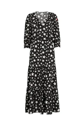 Travel Friendly Fresh Appeal Black with White Star Tie Front Maxi Dress