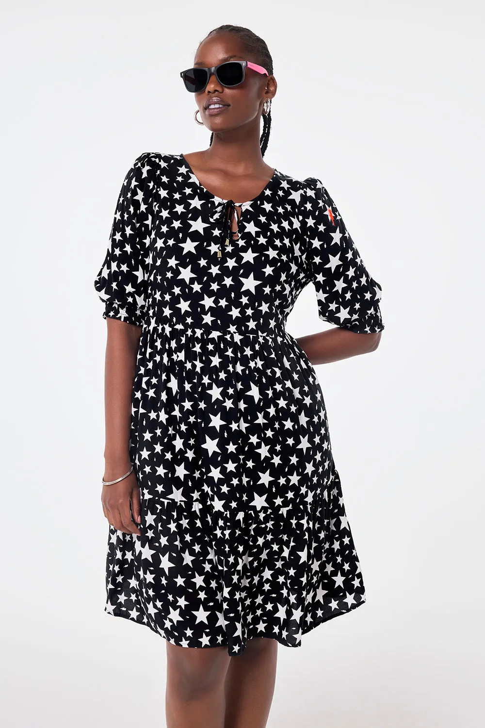 Black with White Star Tie Front Short Dress Effortless Vibe Graduation-Event