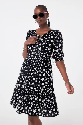 Black with White Star Tie Front Short Dress Calm Touch