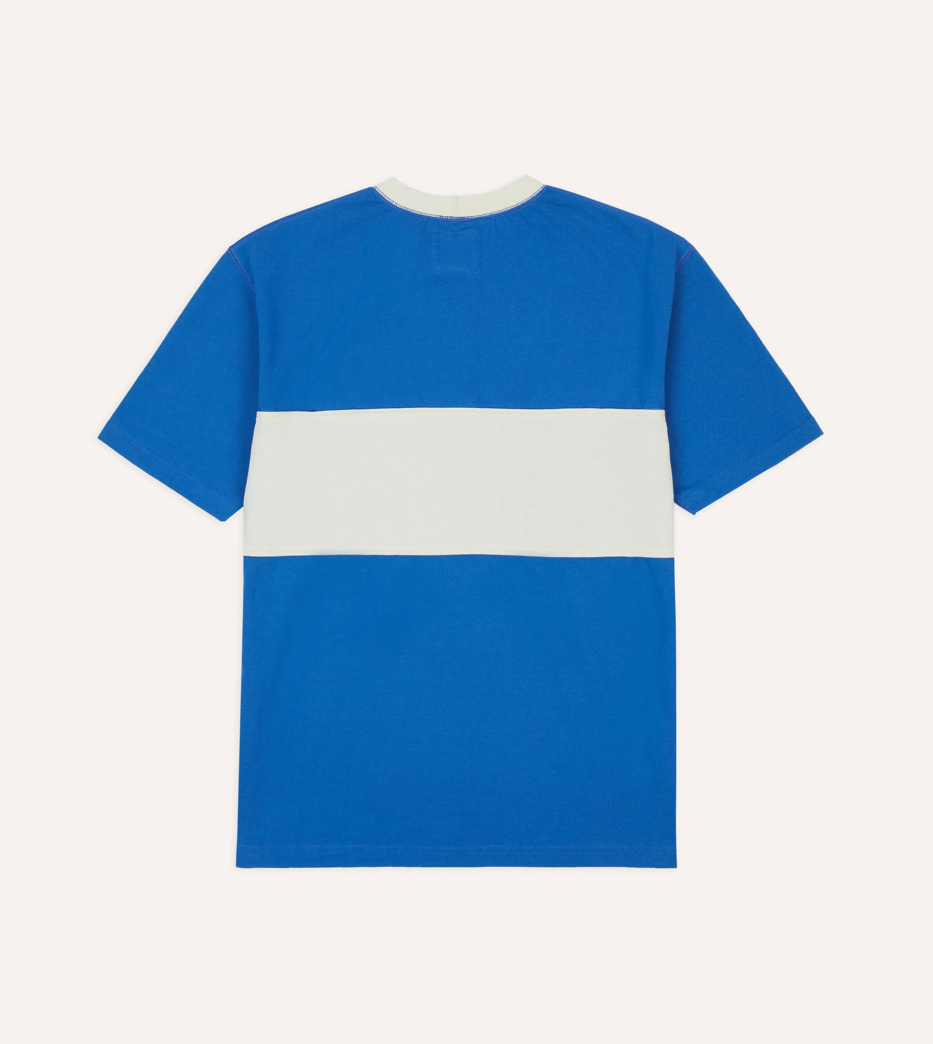 Blue and Ecru Panel Stripe Cotton Crew Neck Hiking T-Shirt Performance Wear Fit