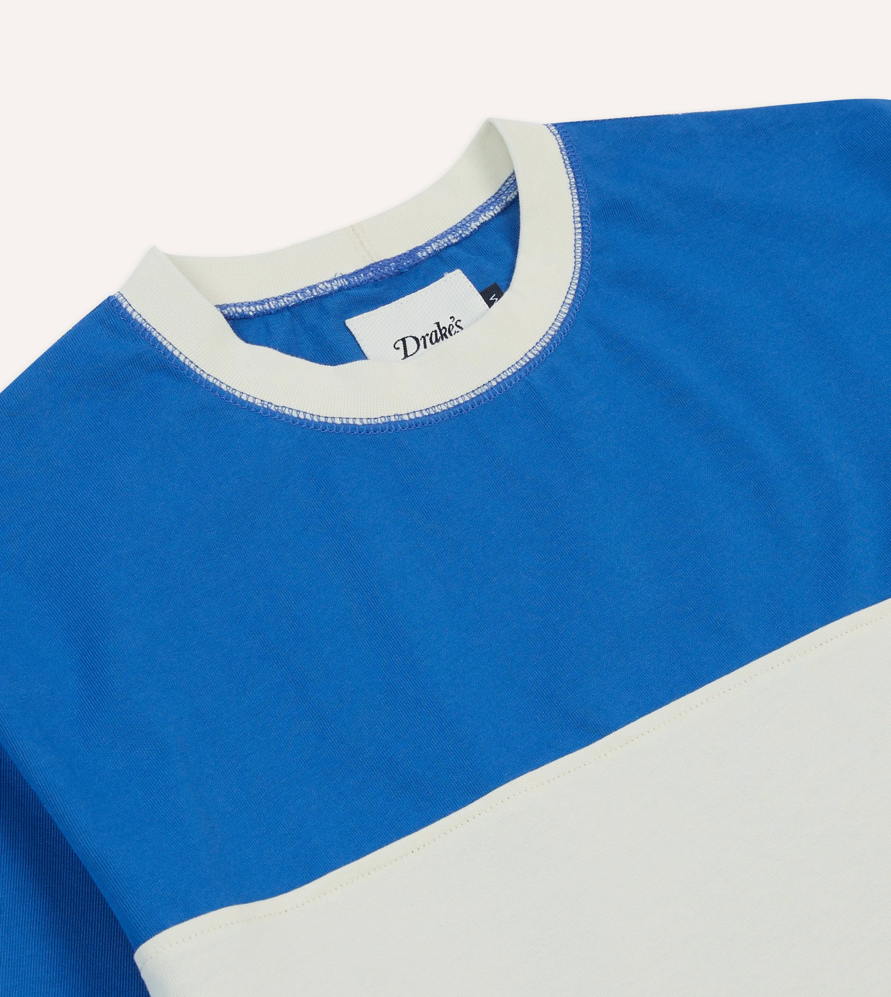 Blue and Ecru Panel Stripe Cotton Crew Neck Hiking T-Shirt oversized but not shapeless