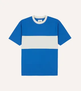 Blue and Ecru Panel Stripe Cotton Crew Neck Hiking T-Shirt NonRestrictive Cut Flexible Fit Design