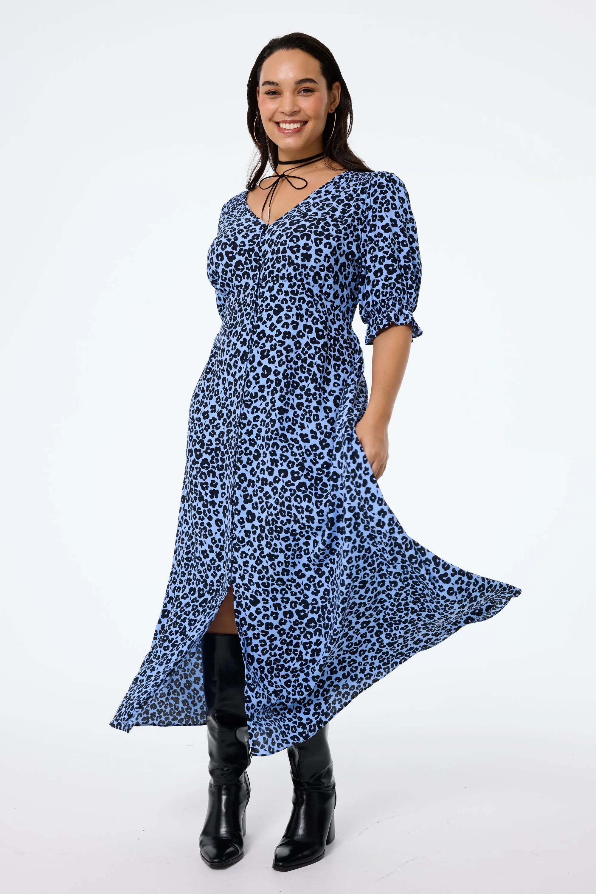 Power Soft Blue with Black Floral Leopard Flute Sleeve Midi Tea Dress