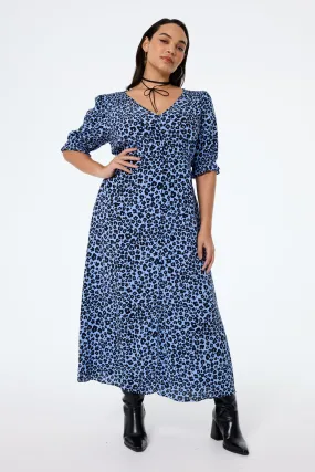 Mood Look Blue with Black Floral Leopard Flute Sleeve Midi Tea Dress
