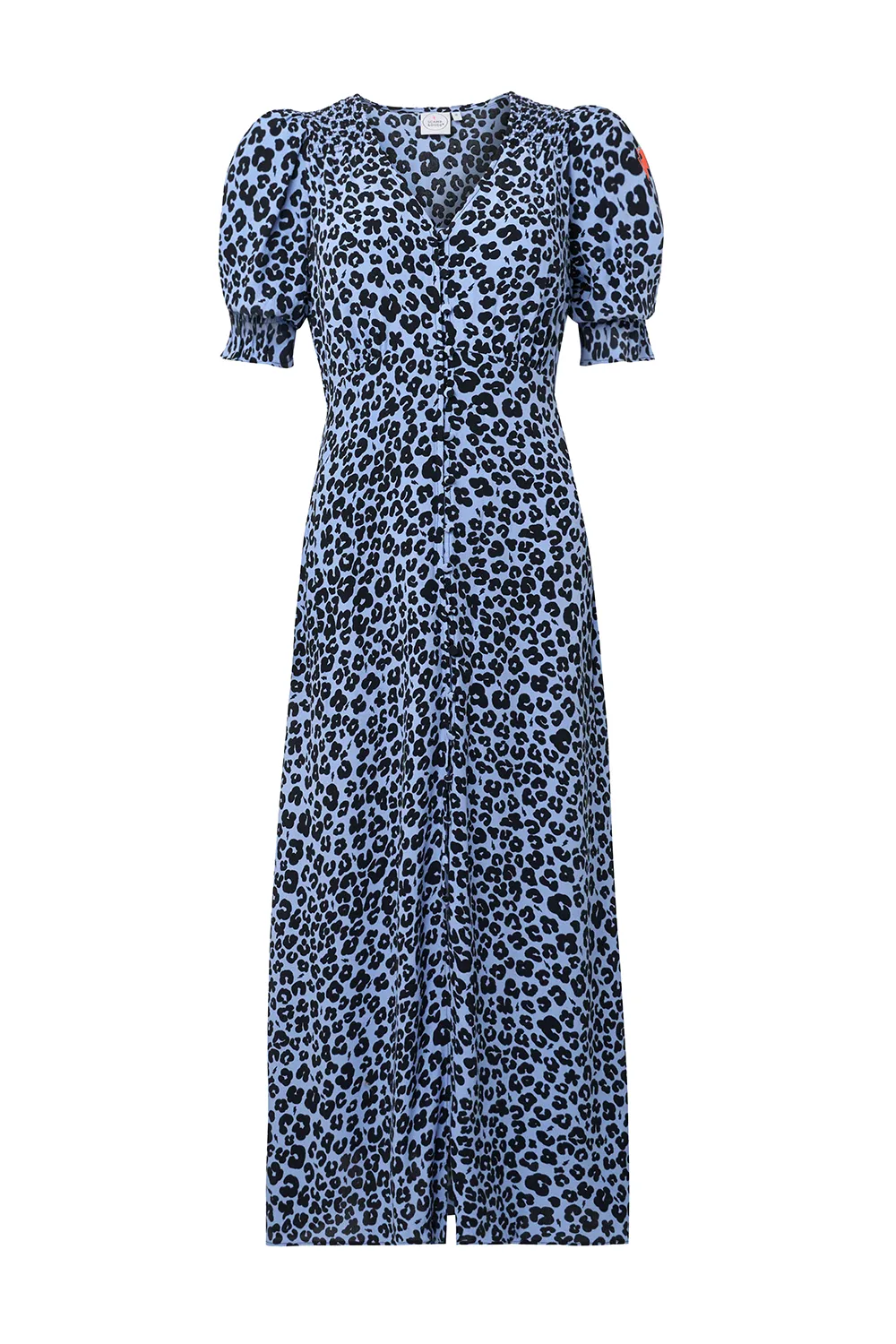 Blue with Black Floral Leopard Flute Sleeve Midi Tea Dress breathable fabric dress Simple Yet Elegant