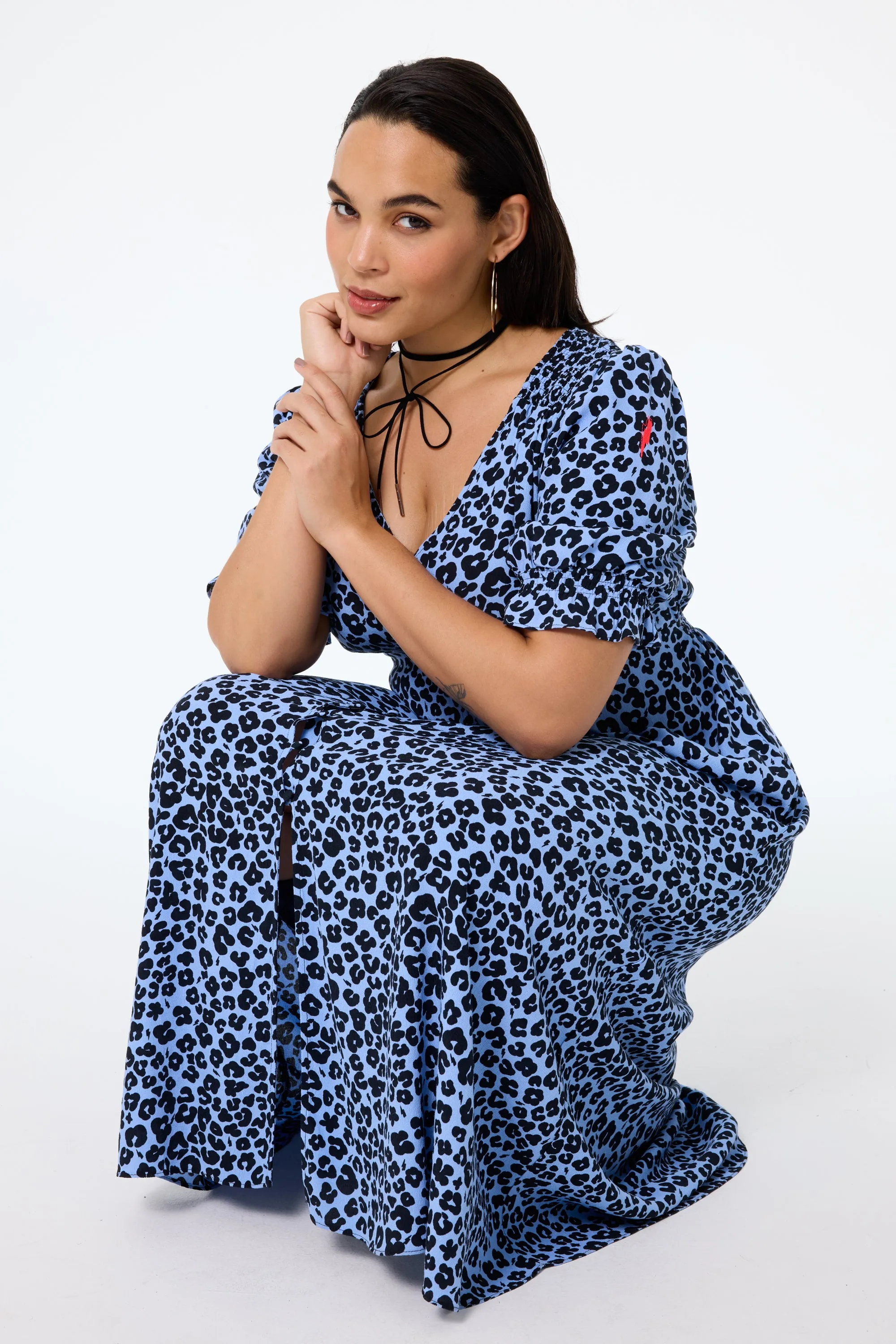Blue with Black Floral Leopard Flute Sleeve Midi Tea Dress Vibrant Look Quilted-Texture