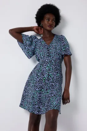 Blue with Black Leopard Angel Sleeve Short Tea Dress Noble Glow City Layer