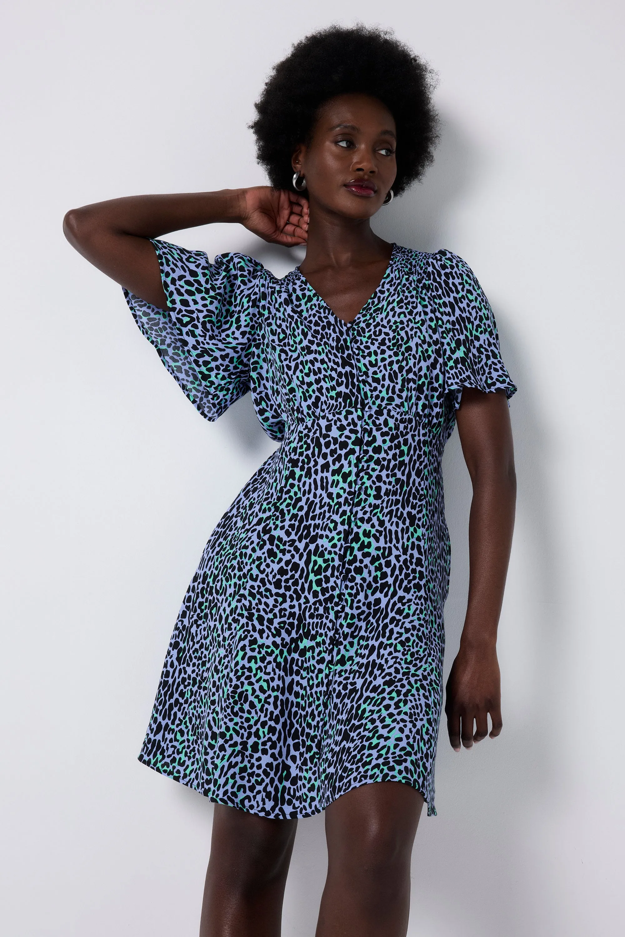 Blue with Black Leopard Angel Sleeve Short Tea Dress Noble Glow City Layer