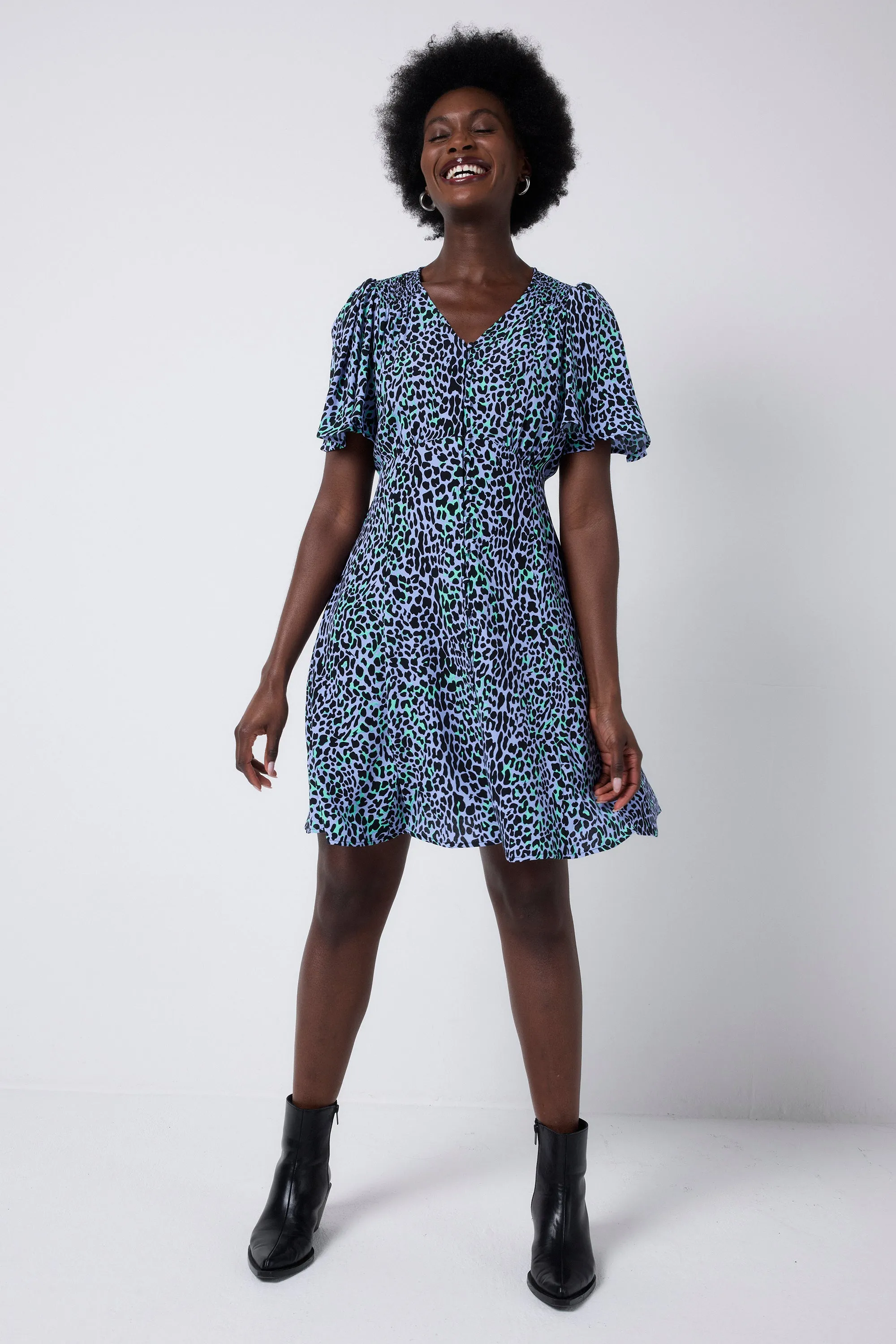 wrap waist Blue with Black Leopard Angel Sleeve Short Tea Dress