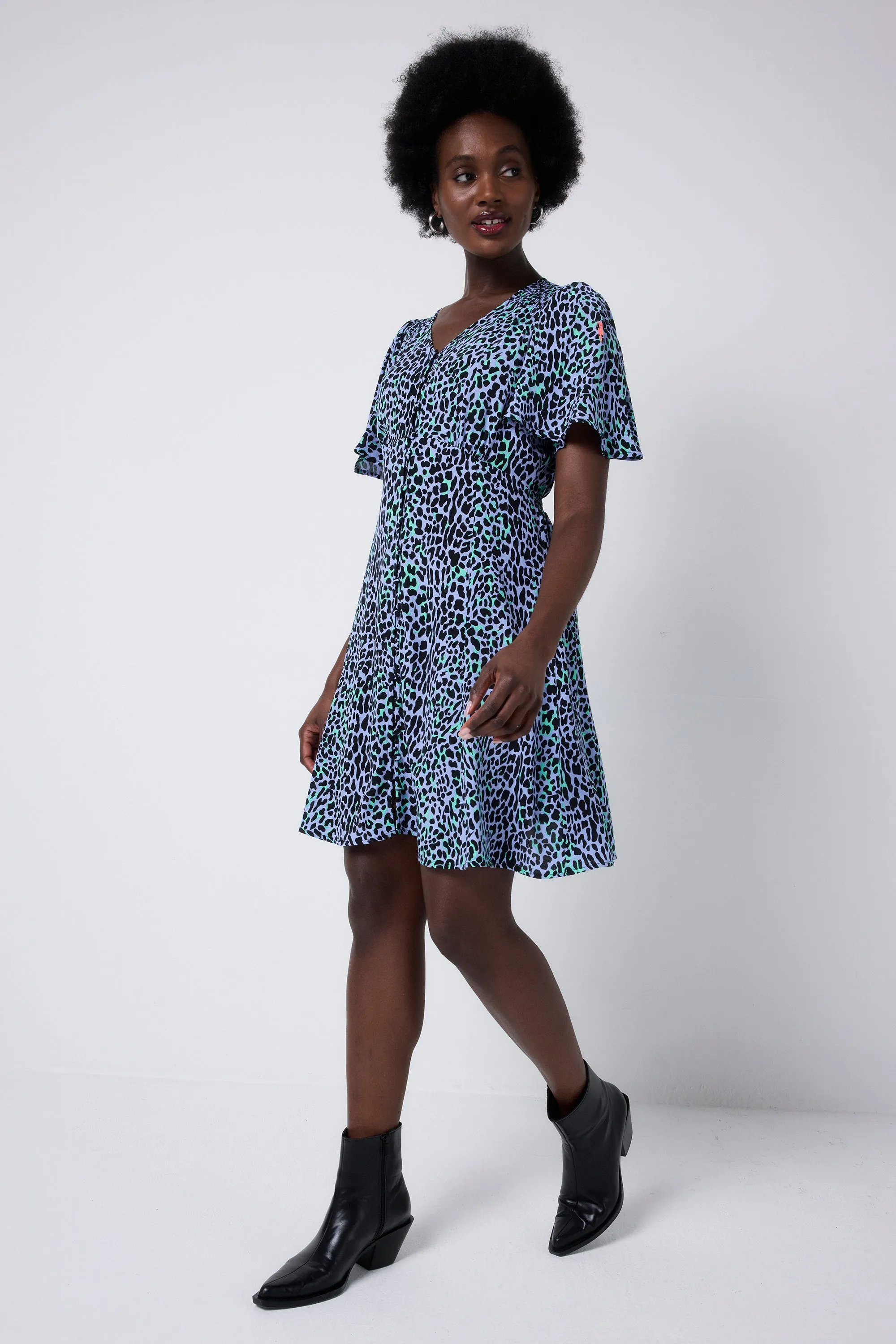 Casual Chic Wear Eye Catching Blue with Black Leopard Angel Sleeve Short Tea Dress