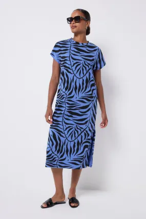 Urban Light Form Fitting Blue with Black Palm Midi T-Shirt Dress