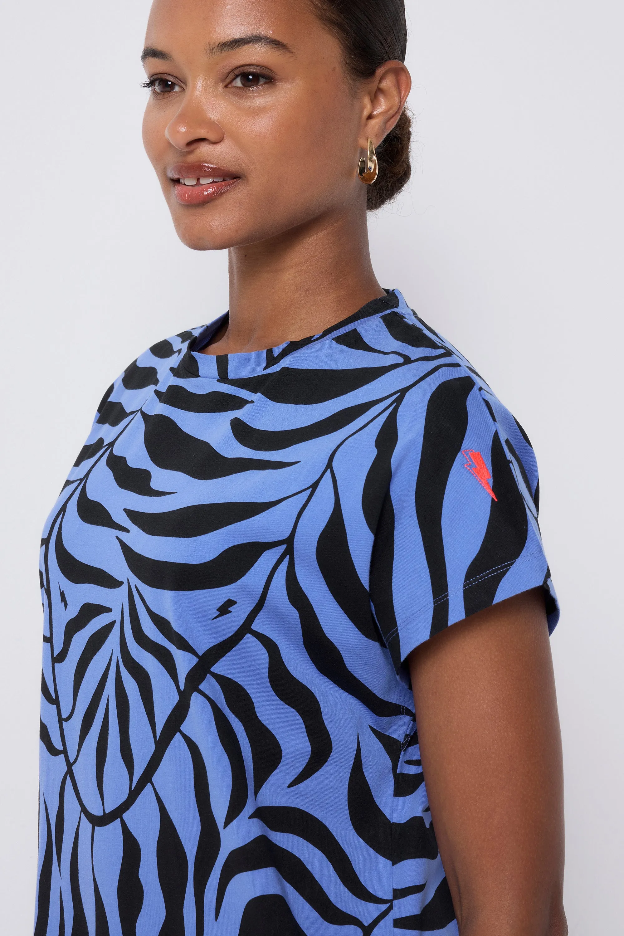 Blue with Black Palm Midi T-Shirt Dress ReversibleStyle