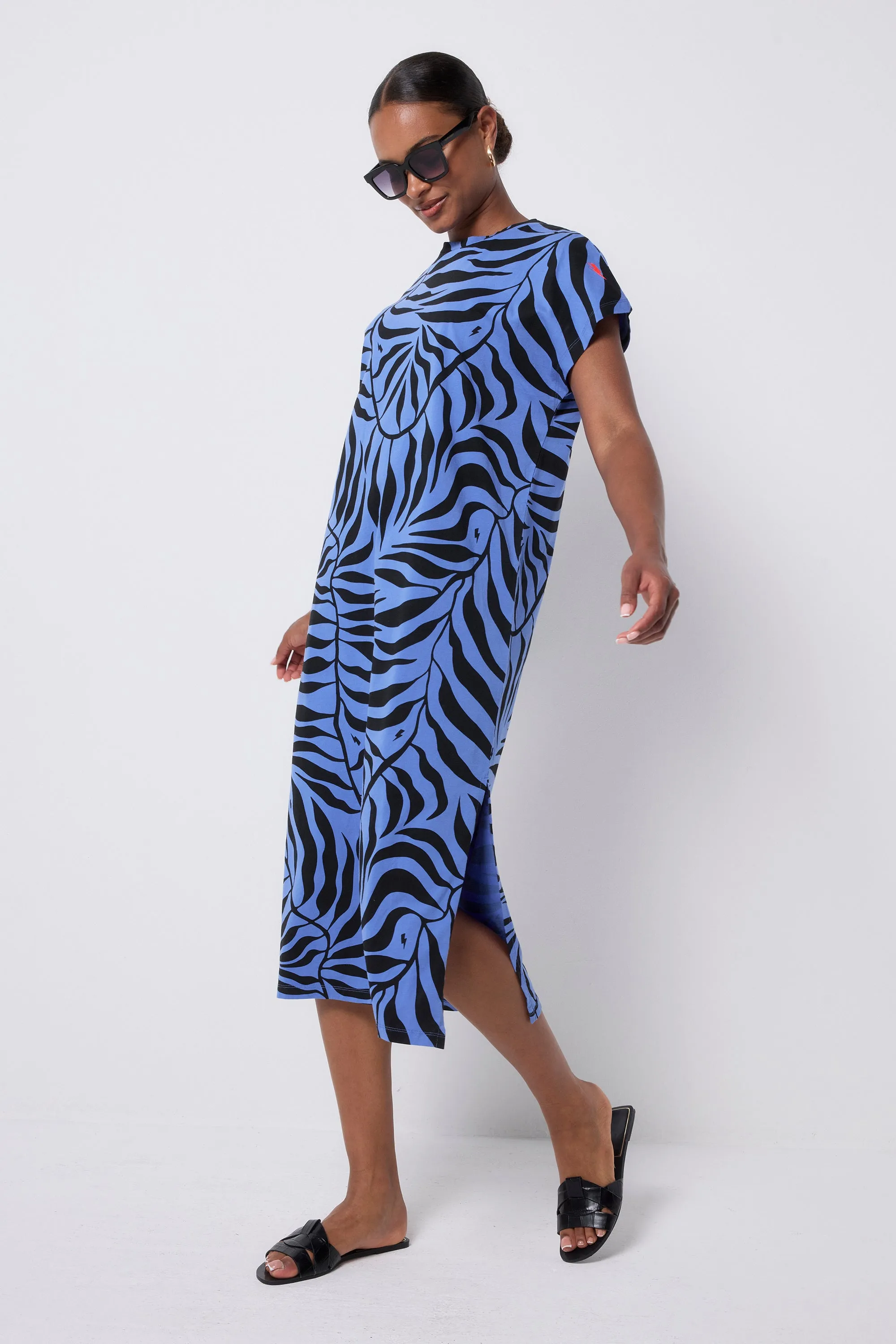 Blue with Black Palm Midi T-Shirt Dress Texture Play Ribbed-Texture
