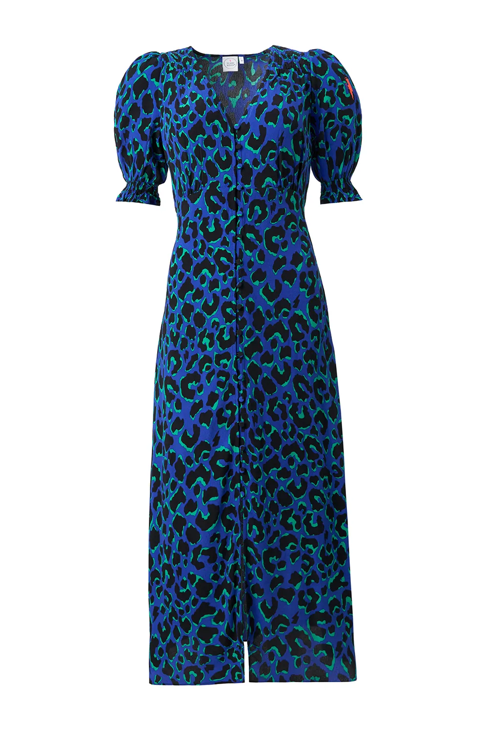 Sequin-Detail Blue with Green and Black Shadow Leopard Flute Sleeve Midi Tea Dress