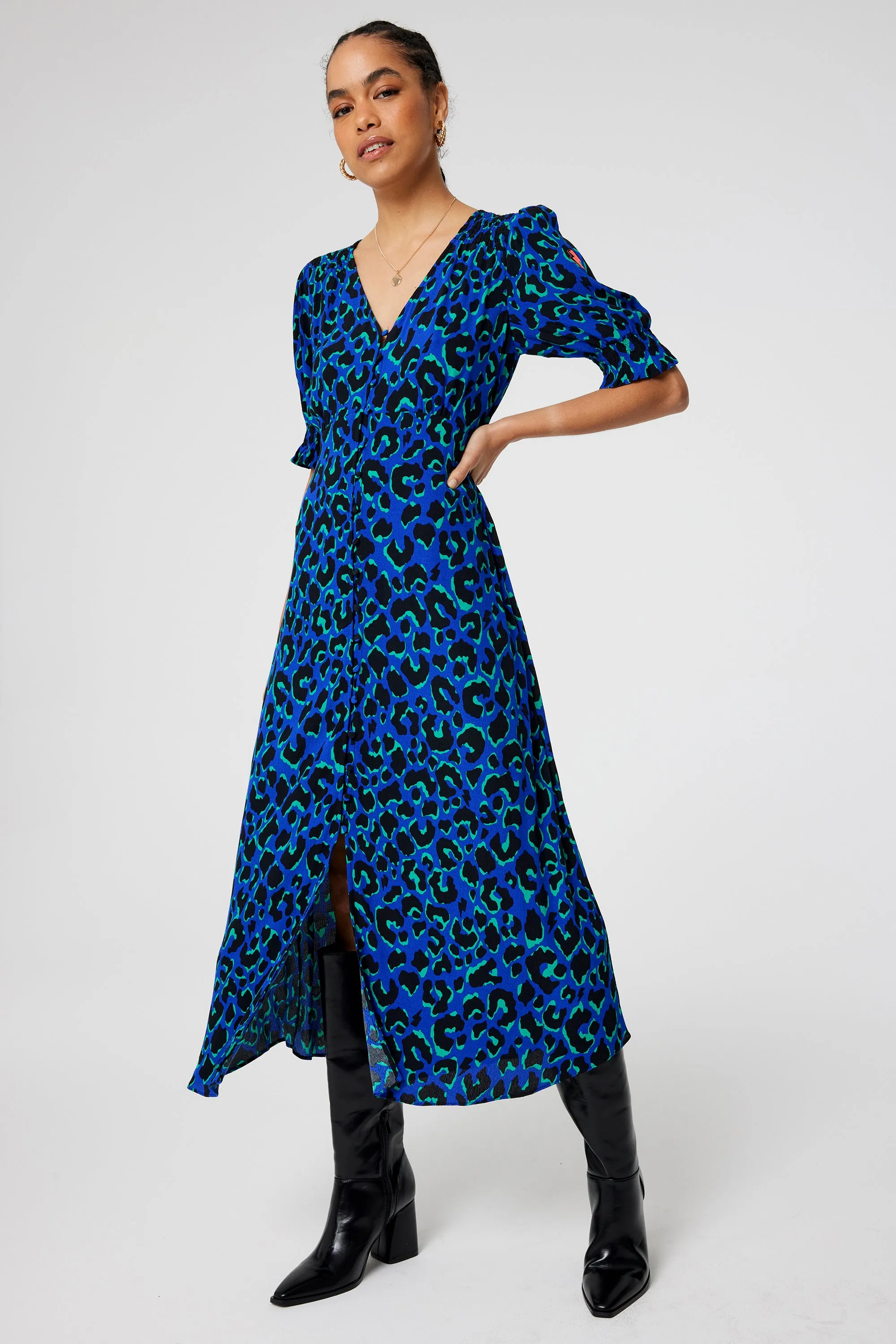 Blue with Green and Black Shadow Leopard Flute Sleeve Midi Tea Dress Stain-Guard-Finish Breezy Mood