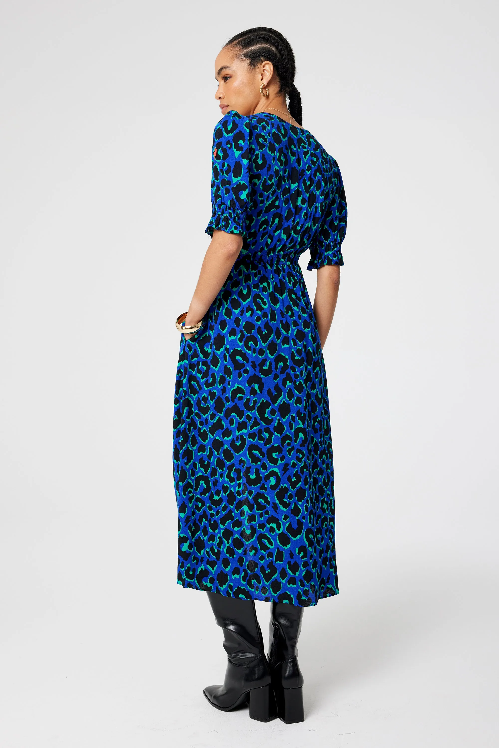 Fashion Daily Blue with Green and Black Shadow Leopard Flute Sleeve Midi Tea Dress