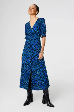 Blue with Green and Black Shadow Leopard Flute Sleeve Midi Tea Dress Pure Color Patterned-Fabric