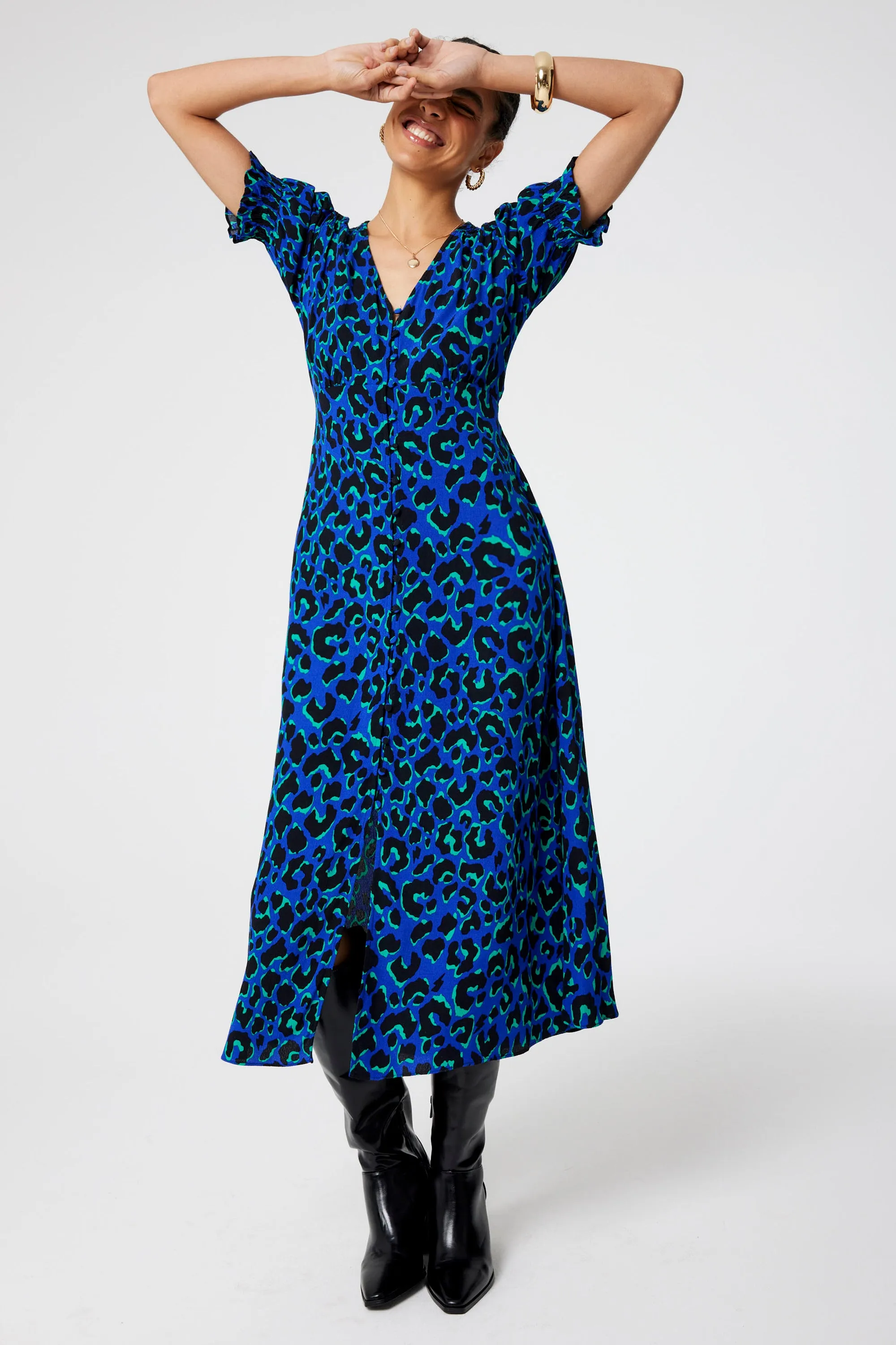 Blue with Green and Black Shadow Leopard Flute Sleeve Midi Tea Dress Work Flex