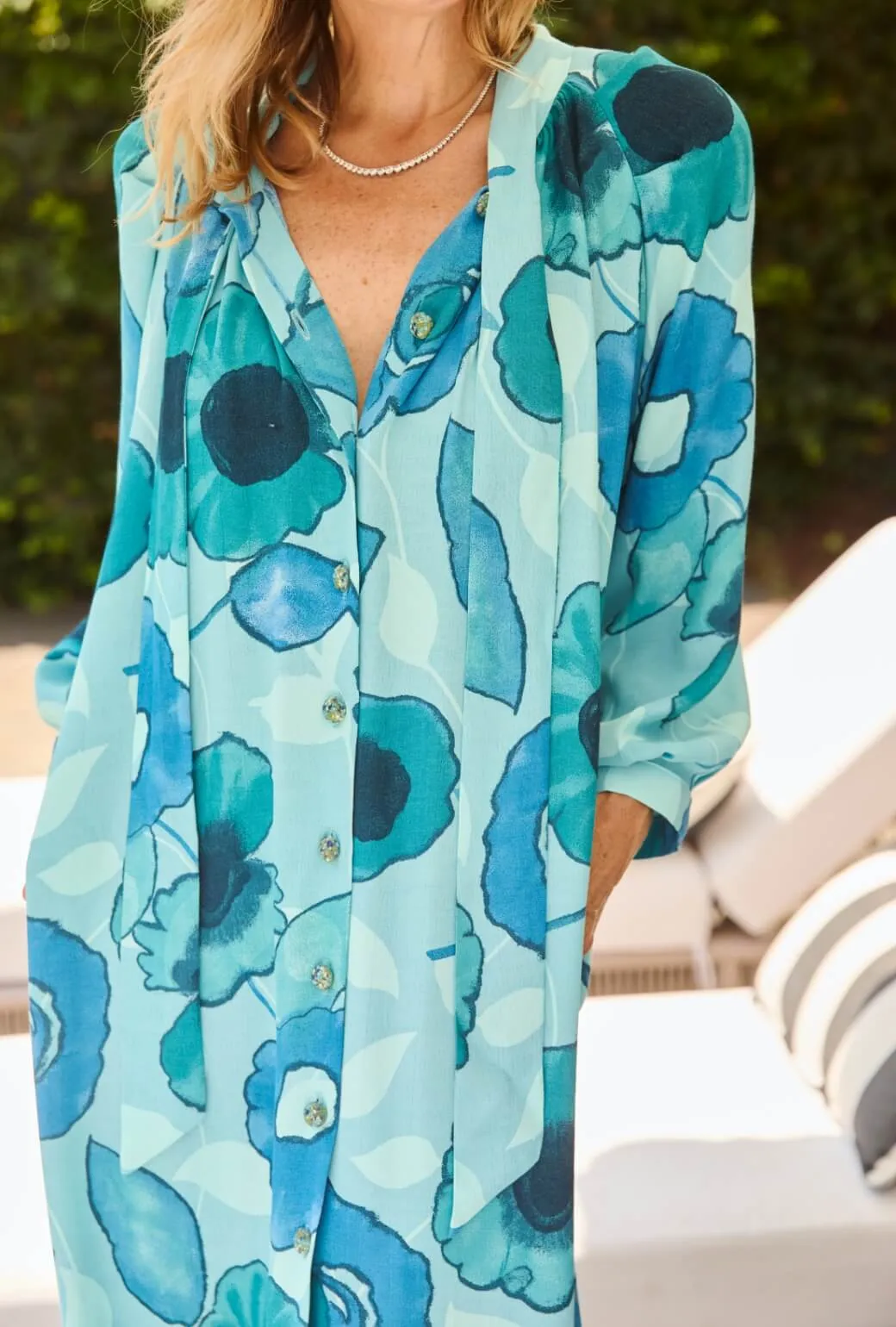 Lace-Edge Bow Housecoat - Aquamarine