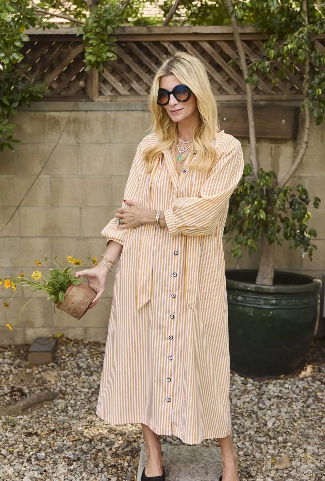 ruffle trim Color Pop Bow Housecoat - Marigold Stripe