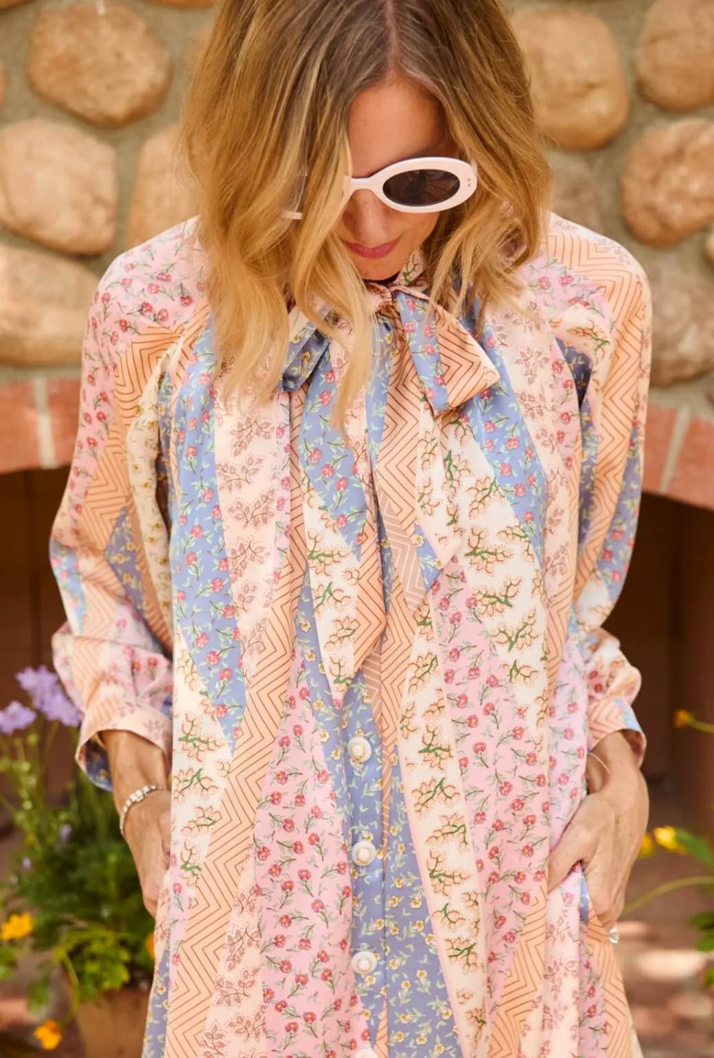 Calm Drape Bow Housecoat - Patchwork Pink