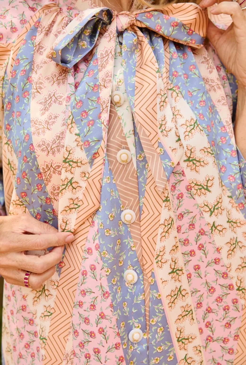 Loose Flow Slim Touch Bow Housecoat - Patchwork Pink