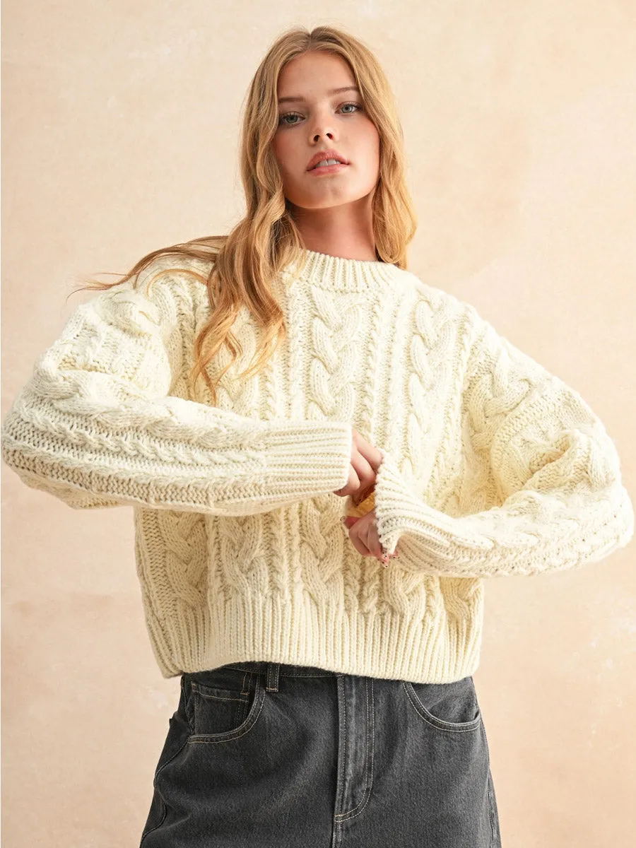 BRAIDED BACK CABLE KNIT SWEATER - CREAM TactileWeave MicroPerforated Details