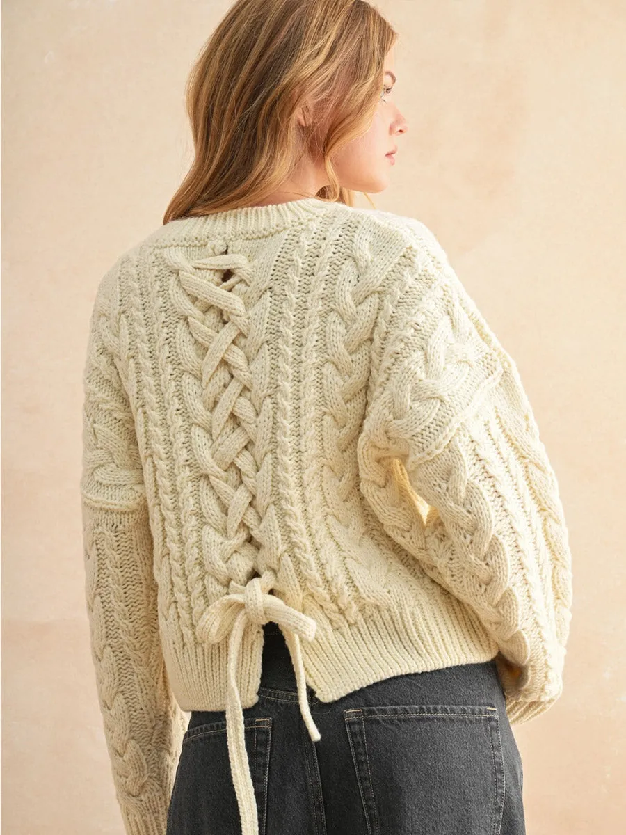 Temperature Control Technology BRAIDED BACK CABLE KNIT SWEATER - CREAM