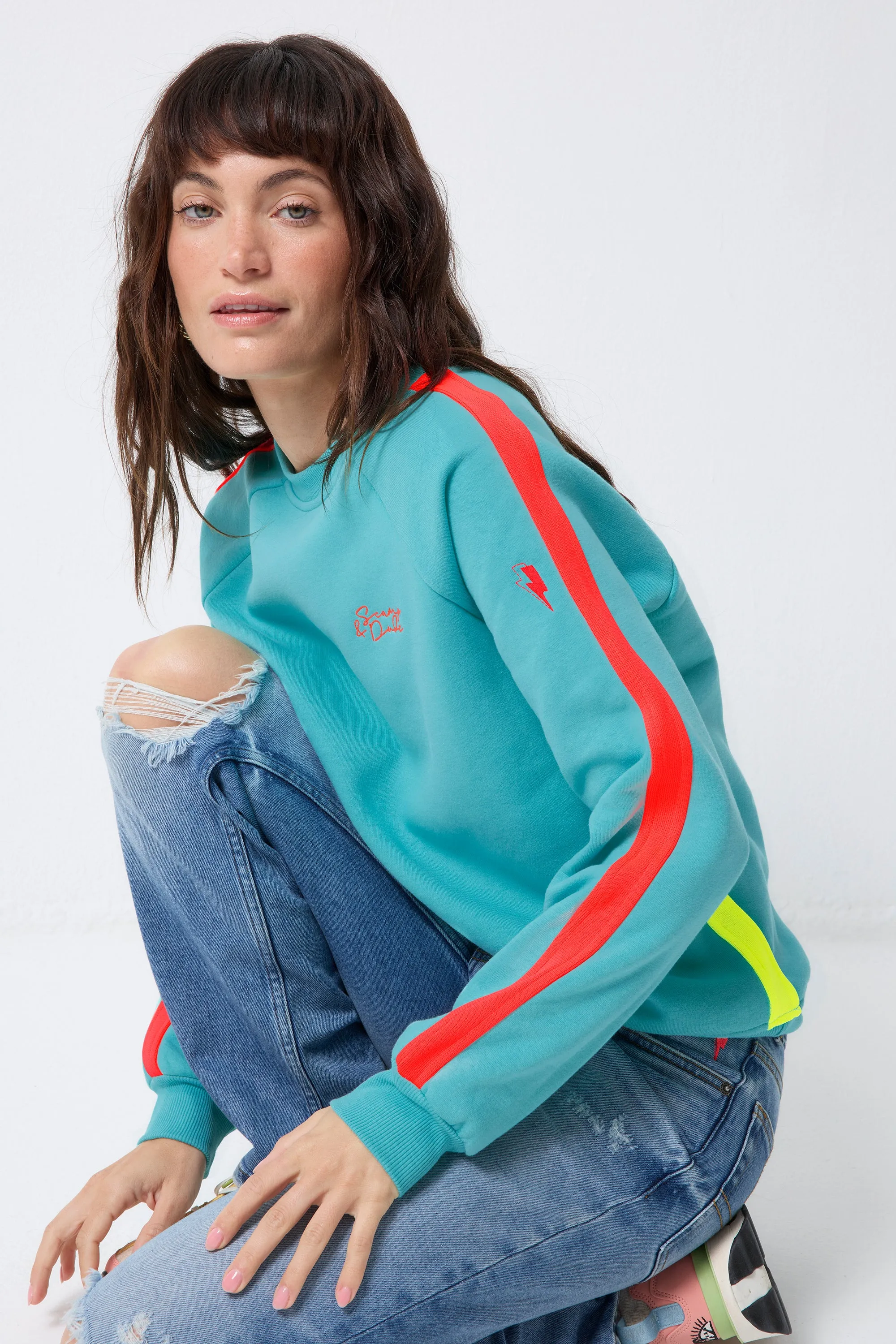 Bright Green with Coral Colourblock Relaxed Sweatshirt Cozy Hoodie Wear product marketing