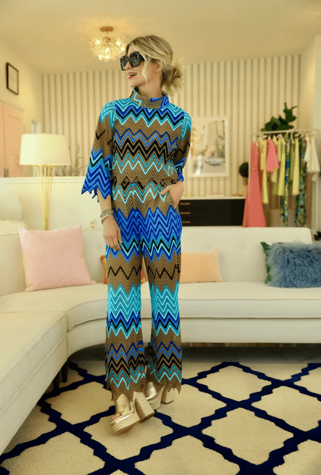 Buru x Kelly Golightly Poolside Flat Front Trousers  - Flame Stitch SnagFreeFabric
