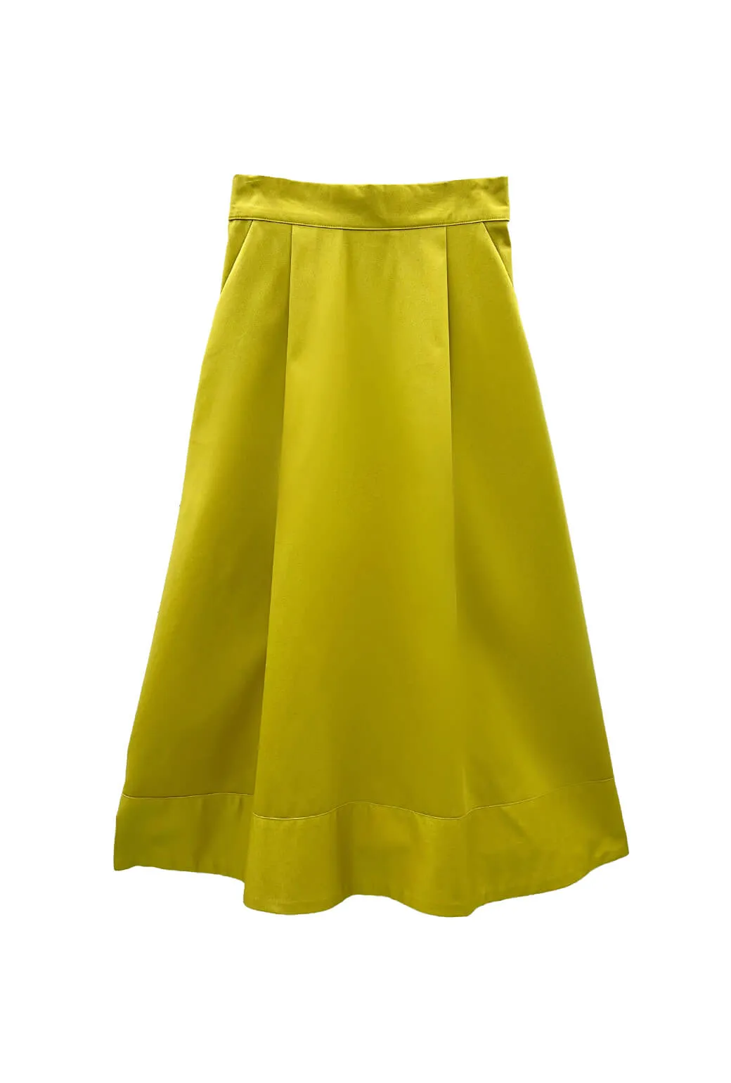 Buru x Megan Stokes Flat Front MIDI Skirt  - Chartreuse Twill Flexibility Built-In