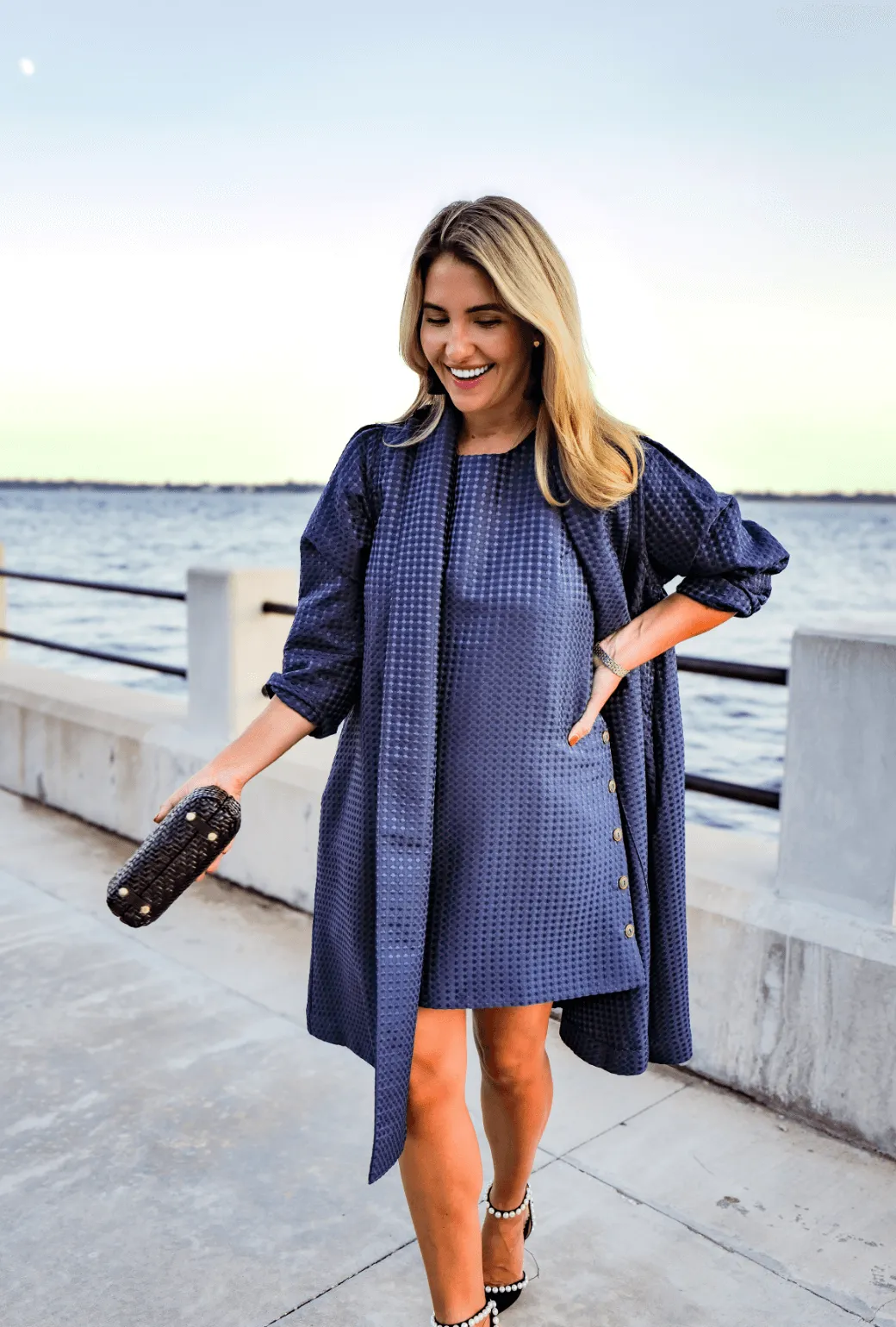 Sleek Drape Buru x Megan Stokes Jackie Dress - Chelsea Blue Dot