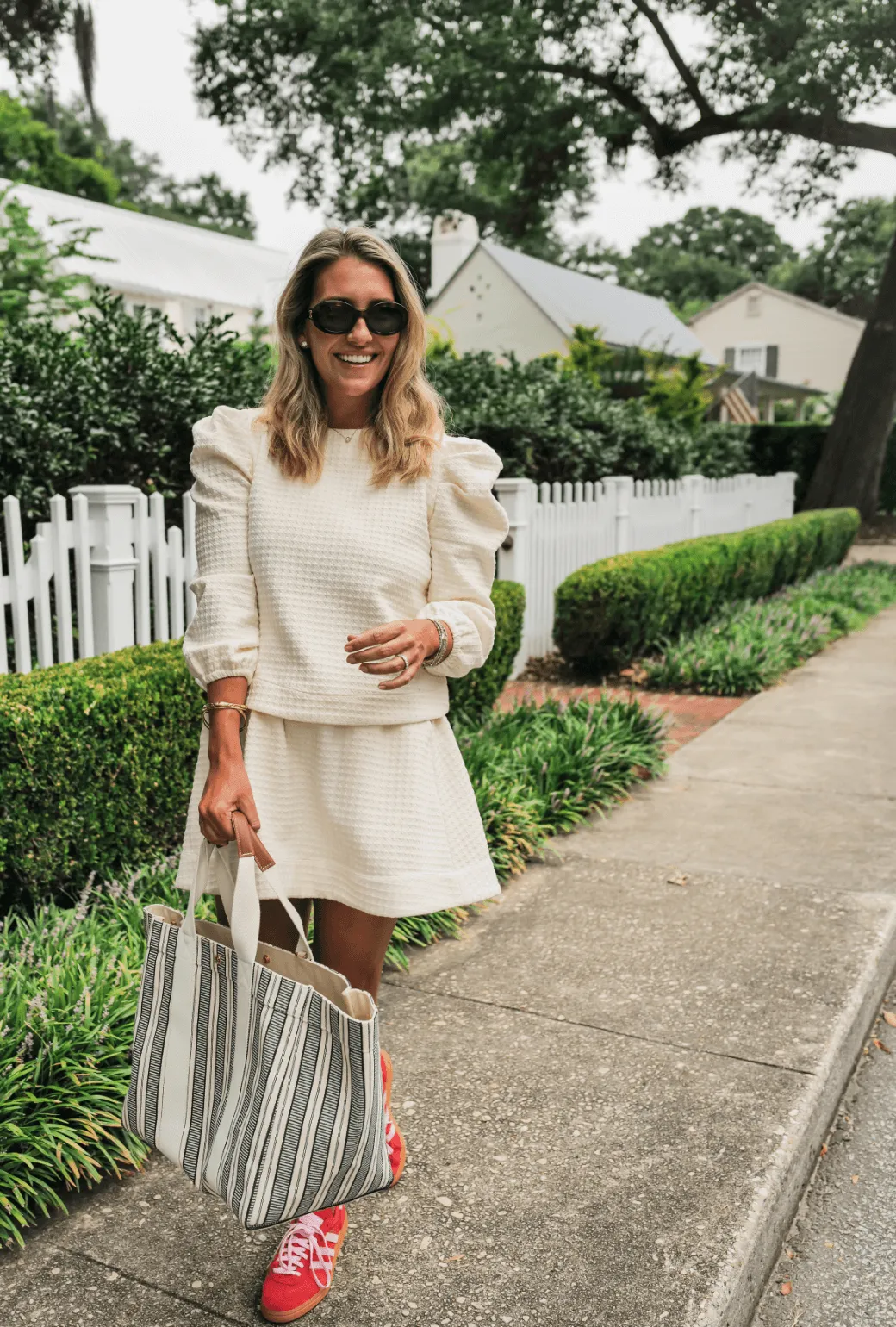 Buru x Megan Stokes Long Sleeve Puff Sleeve Top - Ivory Knit Tweed High Neckline Roll Up Sleeve System
